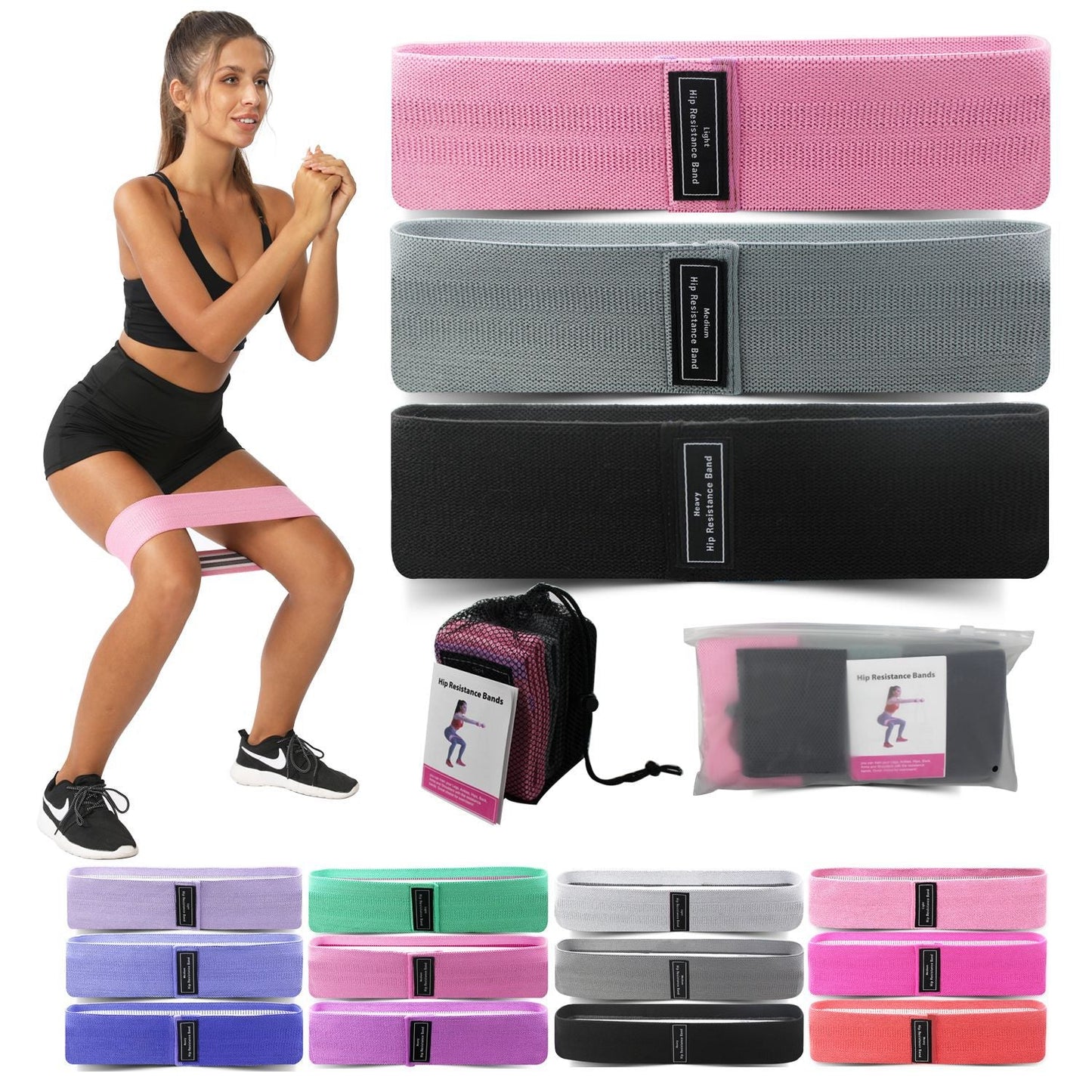 Blue Colour Scheme Fabric Resistance Bands Set - 3 Levels Non-Slip Hip Bands for Strength Training.
