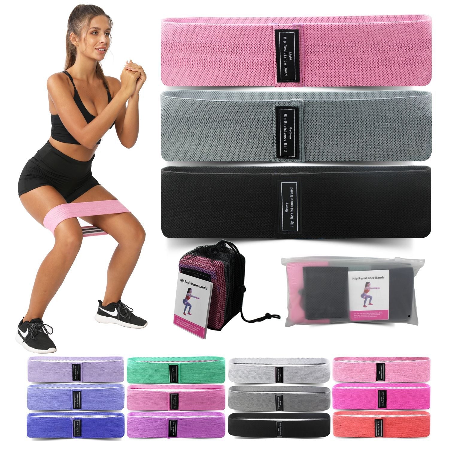 Blue Colour Scheme Fabric Resistance Bands Set - 3 Levels Non-Slip Hip Bands for Strength Training.