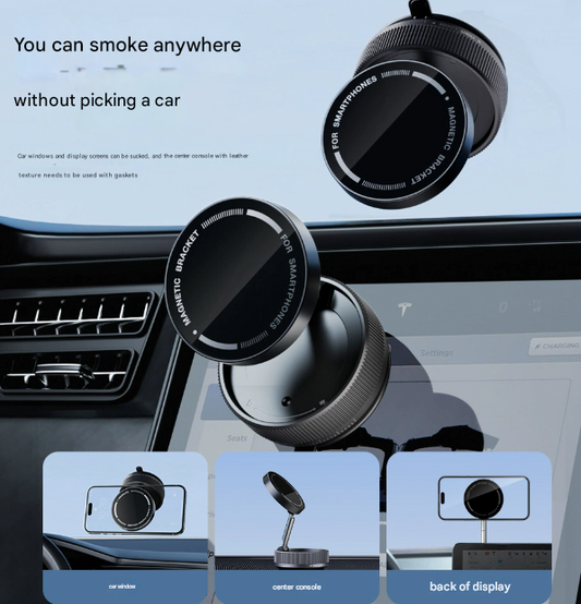 Black Magnetic Car Phone Mount - 66x66x34mm with Adjustable Bracket for Easy Smartphone Access.