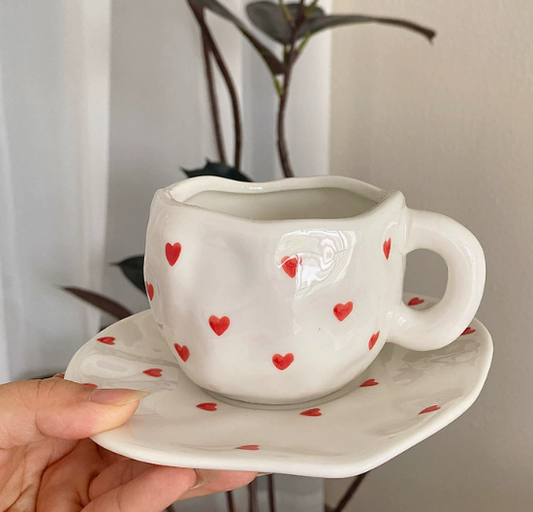 White Background Little Heart 300ML Underglaze Hand-Pinched Cup and Saucer Set - Ceramic Coffee Mug Milk Cup Breakfast Set.