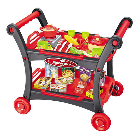 Red Children's Pretend Play Kitchen Cart Set with Toys - Roleplay Cooking Set with Accessories - Educational Toy for Kids.