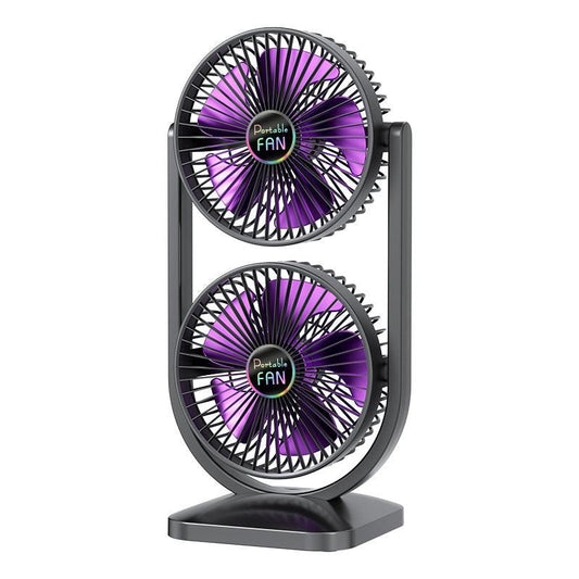 Purple Dual Head USB Rechargeable Desk Fan - Portable Double Air Circulator.