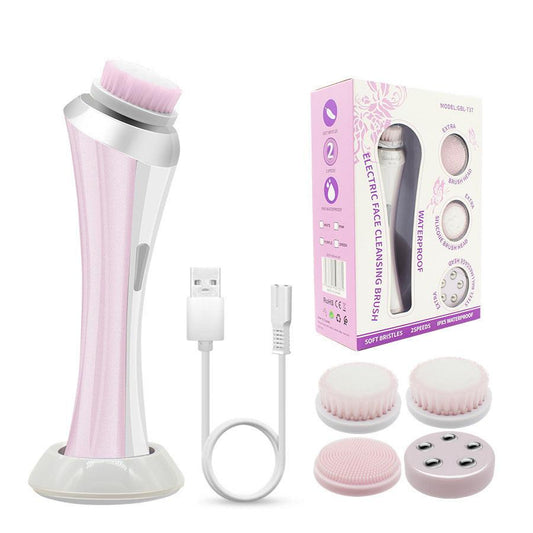 Pink Rechargeable Facial Cleansing Brush Kit with 4 Heads & Charging Dock.