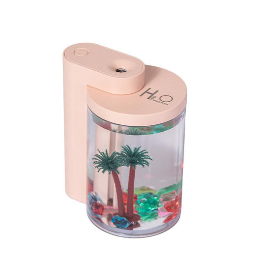 Pink Mini USB Micro Landscape Humidifier - 260ml Cool Mist Maker with LED Light.
