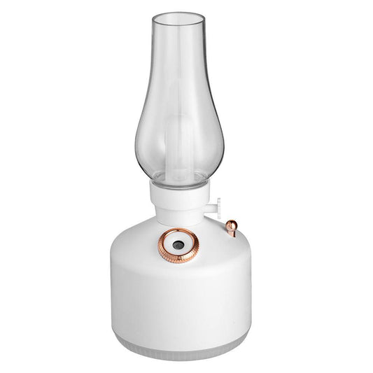 White Retro Kerosene Lamp Humidifier - Rechargeable Cool Mist Maker with Dimmable Light.