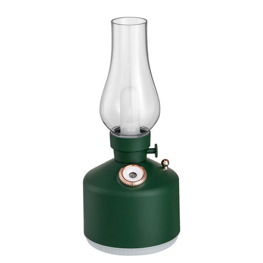 Green Retro Kerosene Lamp Humidifier - Rechargeable Cool Mist Maker with Dimmable Light.