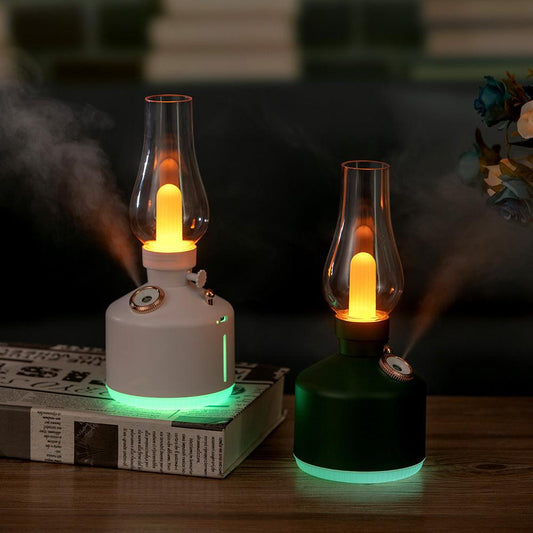 Green Retro Kerosene Lamp Humidifier - Rechargeable Cool Mist Maker with Dimmable Light.