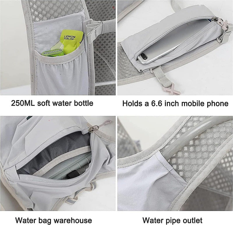 Grey Lightweight Hydration Vest Pack - Breathable Running & Cycling Backpack.