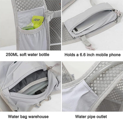 Grey Lightweight Hydration Vest Pack - Breathable Running & Cycling Backpack.