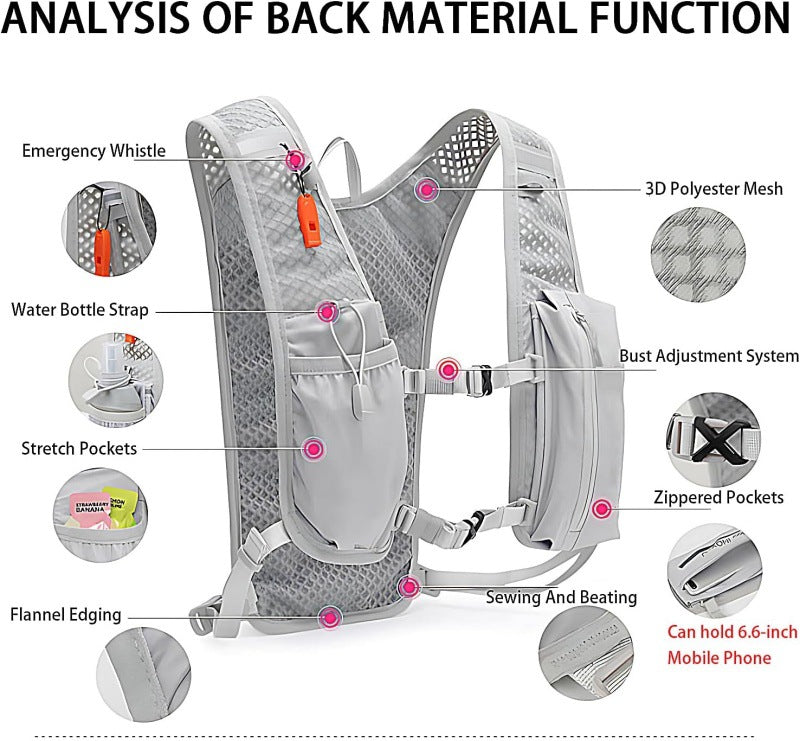 Grey Lightweight Hydration Vest Pack - Breathable Running & Cycling Backpack.