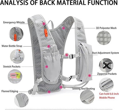 Grey Lightweight Hydration Vest Pack - Breathable Running & Cycling Backpack.