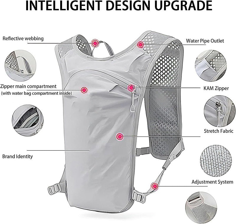 Grey Lightweight Hydration Vest Pack - Breathable Running & Cycling Backpack.