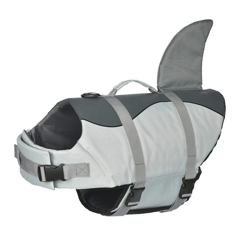 Size XL Grey Pet Life Jacket for Dogs - Summer Swimming Safety Vest with Shark Fin for Small to Large Breeds.