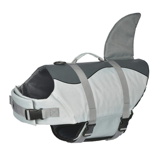 Size XL Grey Pet Life Jacket for Dogs - Summer Swimming Safety Vest with Shark Fin for Small to Large Breeds.