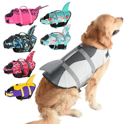 Size XL Grey Pet Life Jacket for Dogs - Summer Swimming Safety Vest with Shark Fin for Small to Large Breeds.