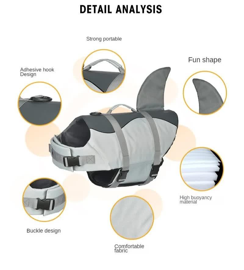 Size XL Grey Pet Life Jacket for Dogs - Summer Swimming Safety Vest with Shark Fin for Small to Large Breeds.