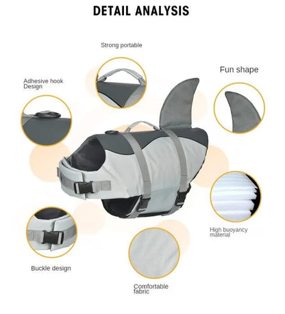 Size XL Grey Pet Life Jacket for Dogs - Summer Swimming Safety Vest with Shark Fin for Small to Large Breeds.