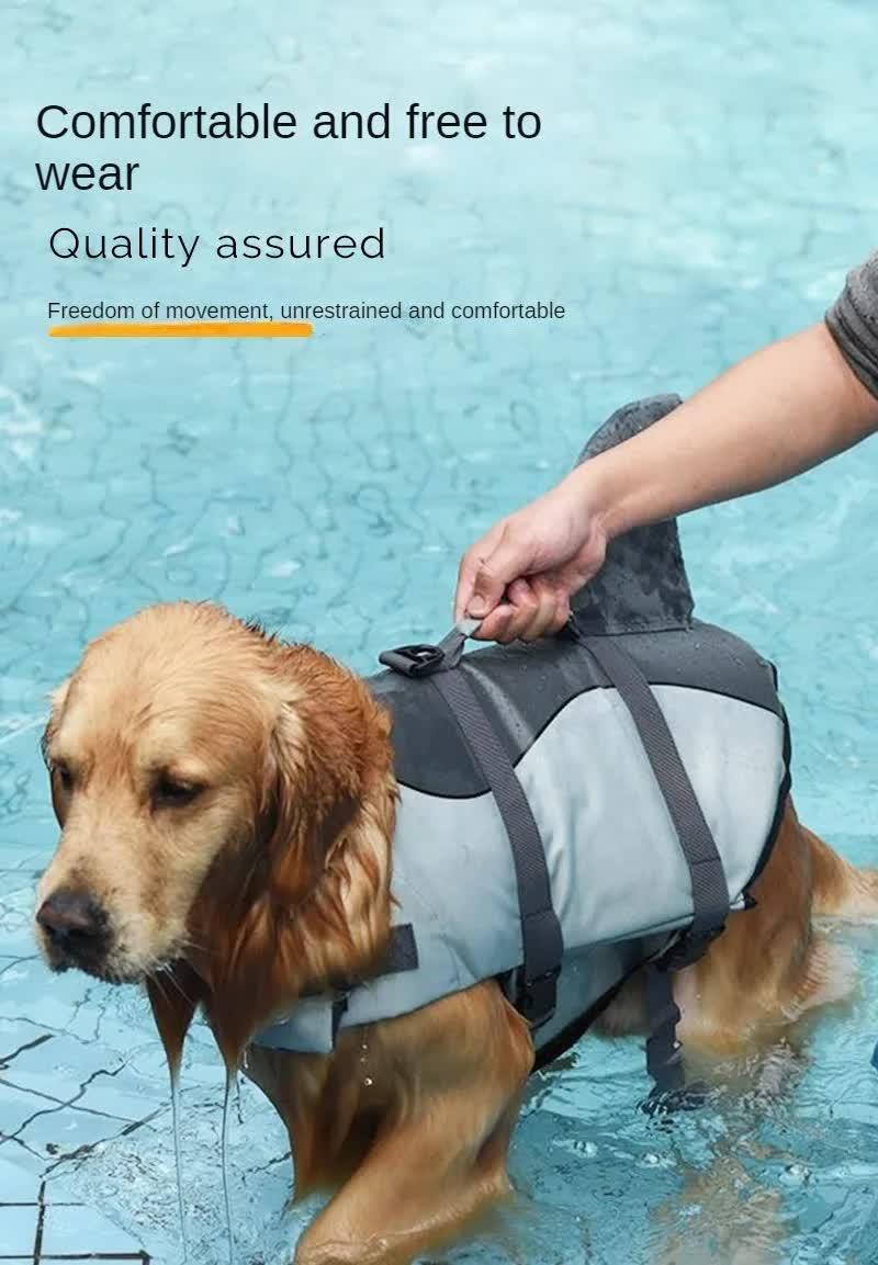 Size XL Grey Pet Life Jacket for Dogs - Summer Swimming Safety Vest with Shark Fin for Small to Large Breeds.