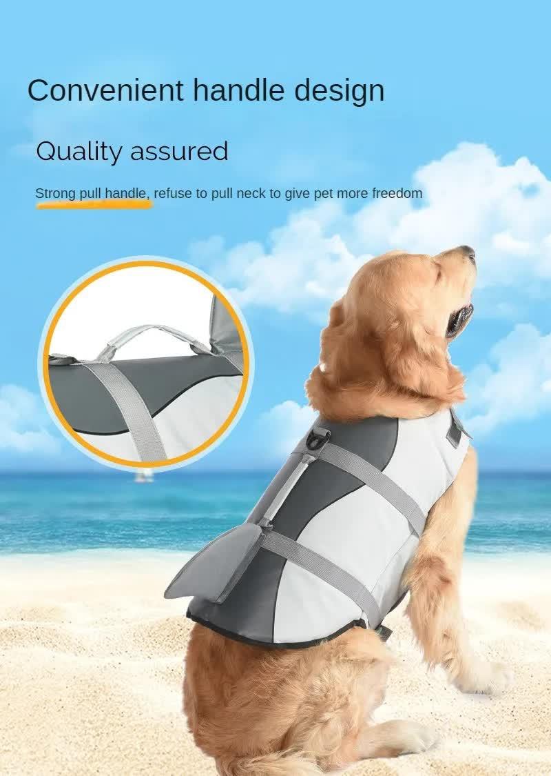 Size XL Grey Pet Life Jacket for Dogs - Summer Swimming Safety Vest with Shark Fin for Small to Large Breeds.