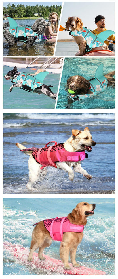 Size XL Grey Pet Life Jacket for Dogs - Summer Swimming Safety Vest with Shark Fin for Small to Large Breeds.