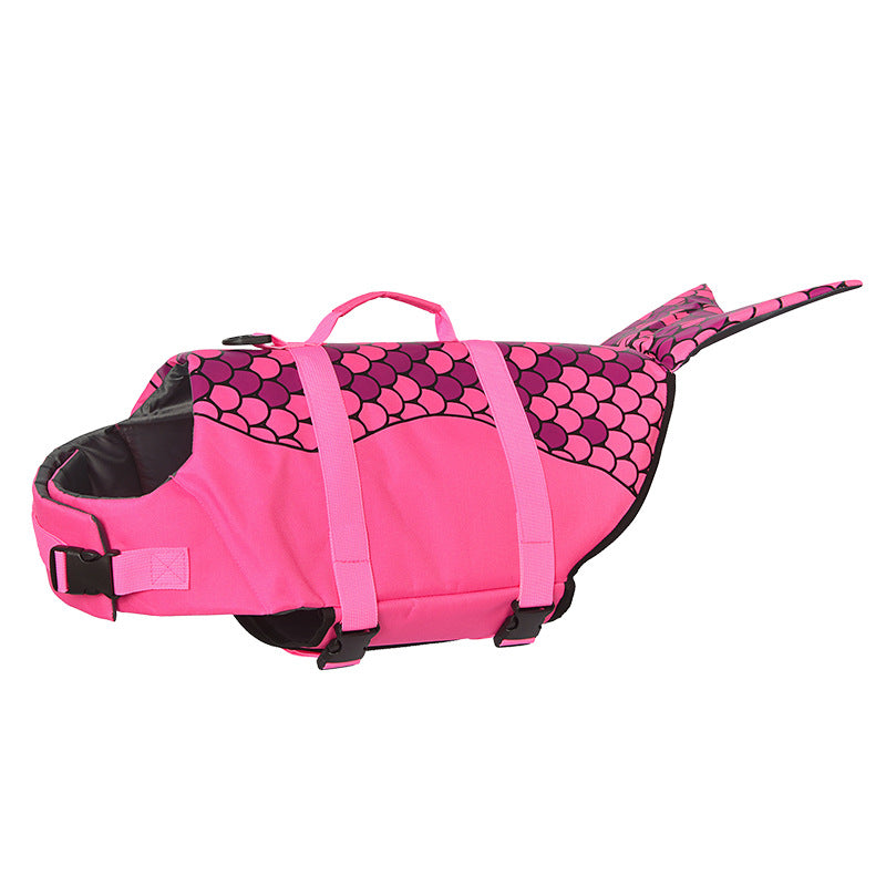 Size XS Pink Scale Pattern Pet Life Jacket for Dogs - Summer Swimming Safety Vest with Shark Fin for Small to Large Breeds.