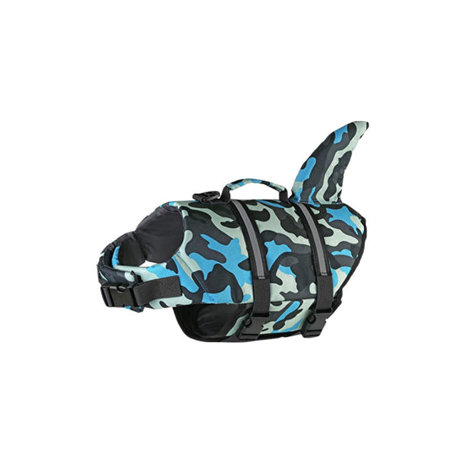 Size XS Blue Camouflage Pattern Pet Life Jacket for Dogs - Summer Swimming Safety Vest with Shark Fin for Small to Large Breeds. Hover Image
