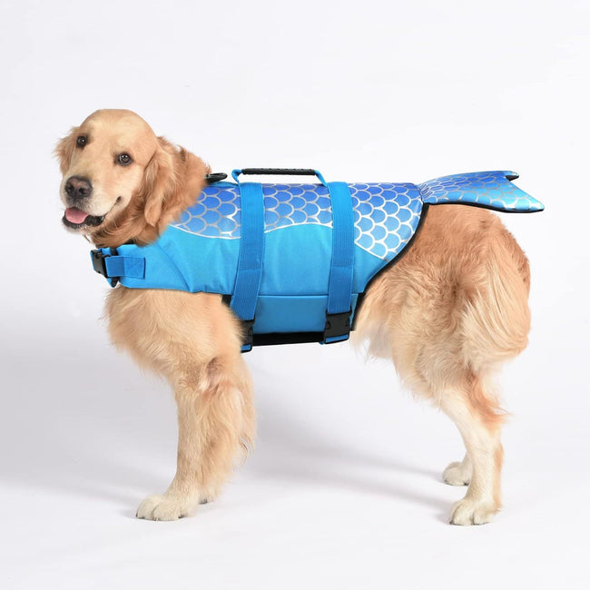 Size L Blue Scales Pattern Pet Life Jacket for Dogs - Summer Swimming Safety Vest with Shark Fin for Small to Large Breeds. Hover Image