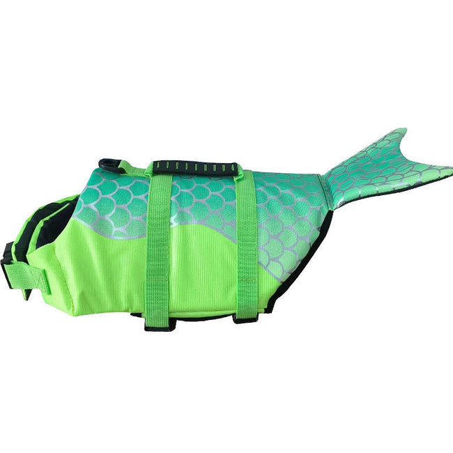 Size L Green Scales Pattern Pet Life Jacket for Dogs - Summer Swimming Safety Vest with Shark Fin for Small to Large Breeds. Hover Image