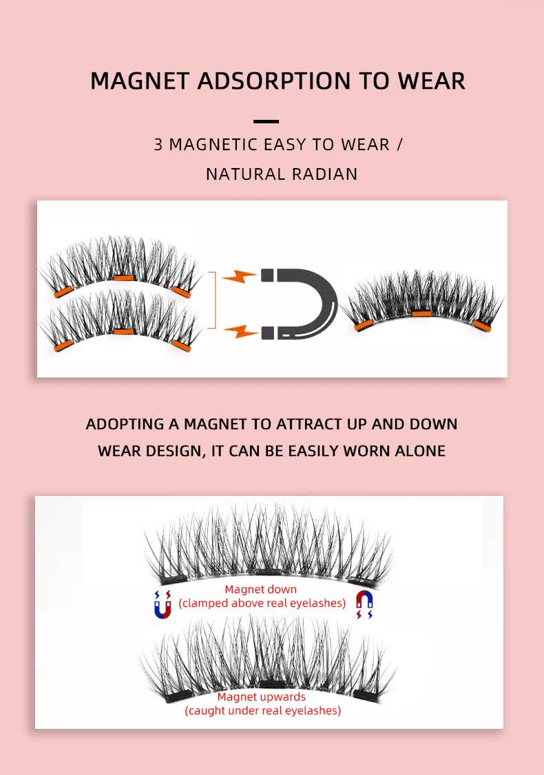 Style 2 Black Magnetic False Eyelashes Kit - 3 Pairs with Applicator Clip and Mirror Case