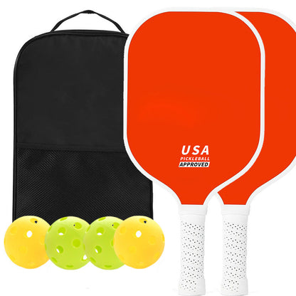 Orange Fiberglass Pickleball Paddle Set - 2 Minimalist Paddles, 4 Balls, and Carry Bag for Outdoor Play.