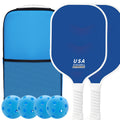 Blue Fiberglass Pickleball Paddle Set - 2 Minimalist Paddles, 4 Balls, and Carry Bag for Outdoor Play.