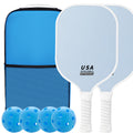 Light Blue Fiberglass Pickleball Paddle Set - 2 Minimalist Paddles, 4 Balls, and Carry Bag for Outdoor Play.