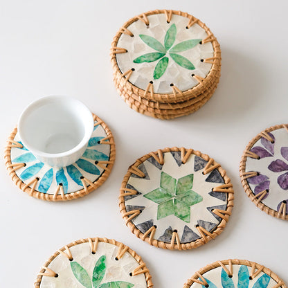 4 Pcs Khaki Background With Blue flower Handcrafted Rattan Coaster with Natural Shell Inlay - Decorative & Heat Insulating Drink Mat