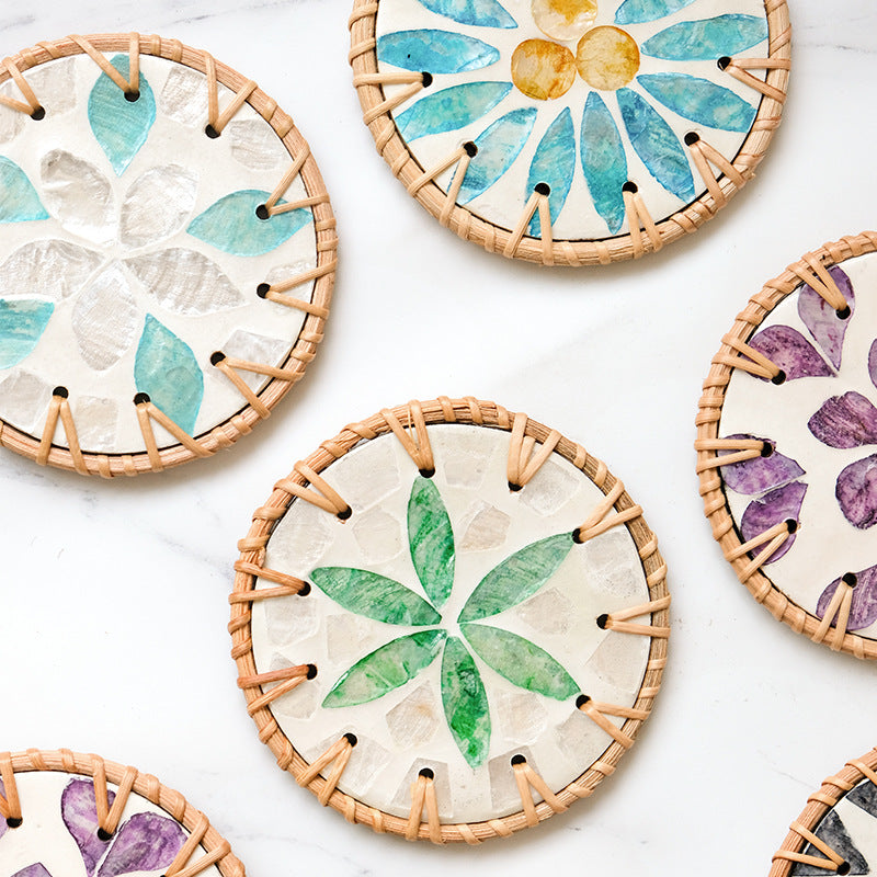 4 Pcs Khaki Background With Blue flower Handcrafted Rattan Coaster with Natural Shell Inlay - Decorative & Heat Insulating Drink Mat