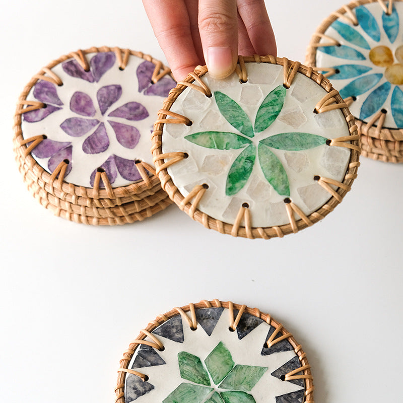 4 Pcs Khaki Background With Blue flower Handcrafted Rattan Coaster with Natural Shell Inlay - Decorative & Heat Insulating Drink Mat