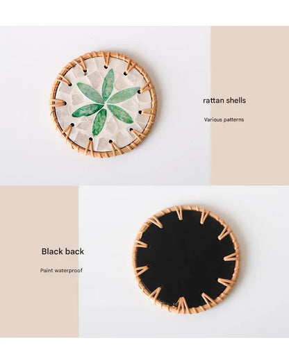 4 Pcs Khaki Background With Blue flower Handcrafted Rattan Coaster with Natural Shell Inlay - Decorative & Heat Insulating Drink Mat