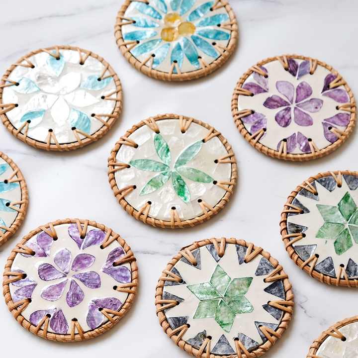 4 Pcs Khaki Background With Blue flower Handcrafted Rattan Coaster with Natural Shell Inlay - Decorative & Heat Insulating Drink Mat