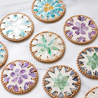 4 Pcs Khaki Background With Blue flower Handcrafted Rattan Coaster with Natural Shell Inlay - Decorative & Heat Insulating Drink Mat