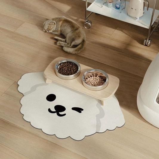 2 Pcs Style 2 White Puppy pattern Cartoon Pet Feeding Mat for Cats & Dogs - Absorbent Diatom Mud Splash-Proof Mat, Easy to Clean