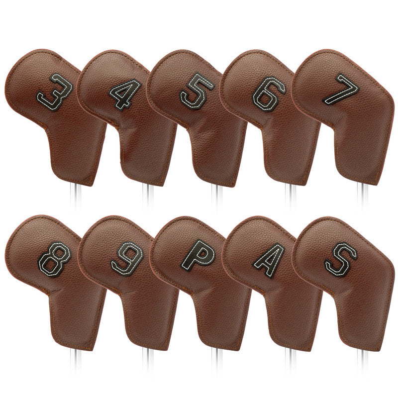Brown Golf Iron Head Covers Set of 10 - Waterproof PU Leather Club Protectors with Embroidered Numbers (3-9, P, A, S).