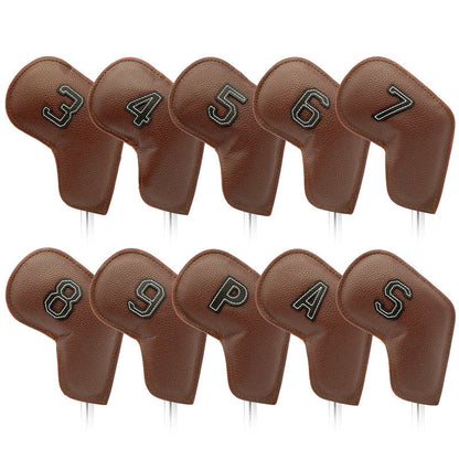 Brown Golf Iron Head Covers Set of 10 - Waterproof PU Leather Club Protectors with Embroidered Numbers (3-9, P, A, S).