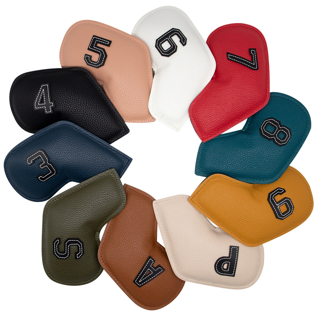 Brown Golf Iron Head Covers Set of 10 - Waterproof PU Leather Club Protectors with Embroidered Numbers (3-9, P, A, S).