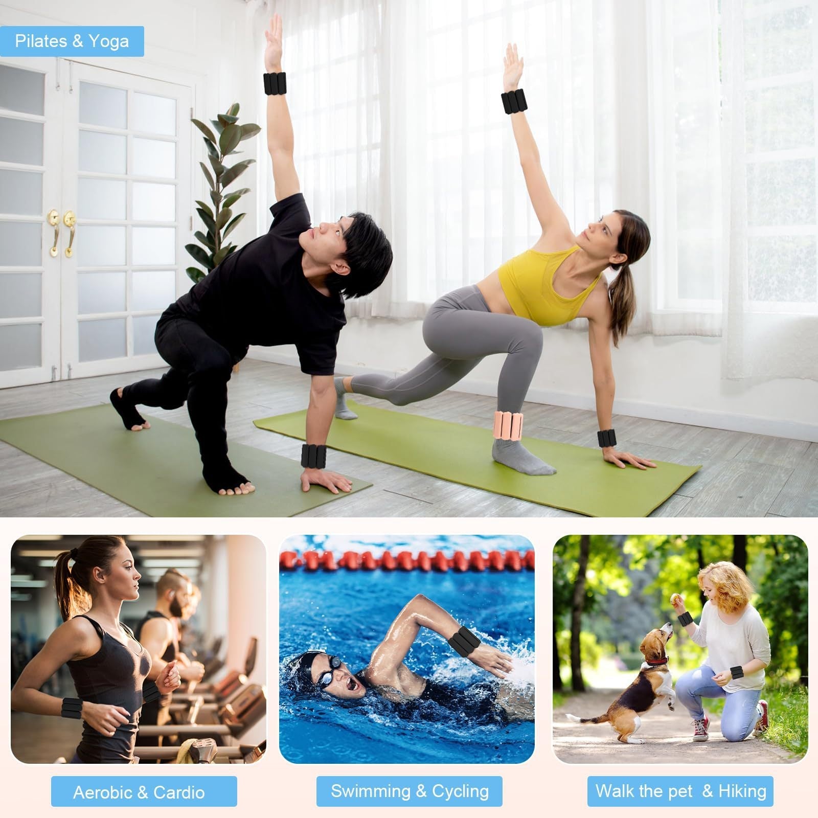 Black Adjustable Silicone Wrist & Ankle Weights - 2lb Pair (900g) | Comfortable Fitness Resistance Bands for Workout, Running, Training.