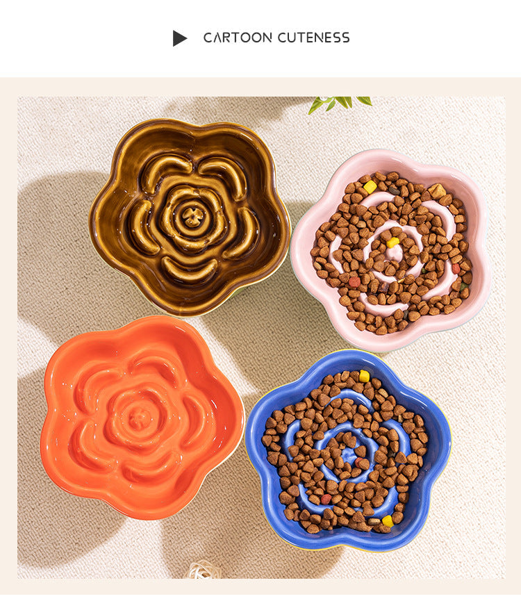 Khaki and Orange Ceramic Slow Feeder Pet Bowl for Cats and Small Dogs - Anti-Choke Elevated Design with 15-Degree Tilted Rim