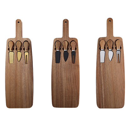 Brown And Gold Premium Acacia Wood Cheese Board Set | Charcuterie Platter with 3 Stainless Steel Knives