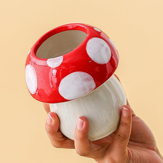 Red And White Adorable Ceramic Mushroom Desk Organizer - Cute Pen & Makeup Brush Holder.