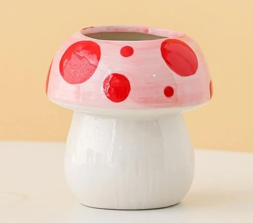 Pink And Red Adorable Ceramic Mushroom Desk Organizer - Cute Pen & Makeup Brush Holder.