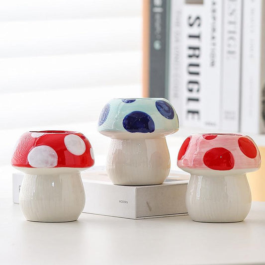 Pink And Red Adorable Ceramic Mushroom Desk Organizer - Cute Pen & Makeup Brush Holder.