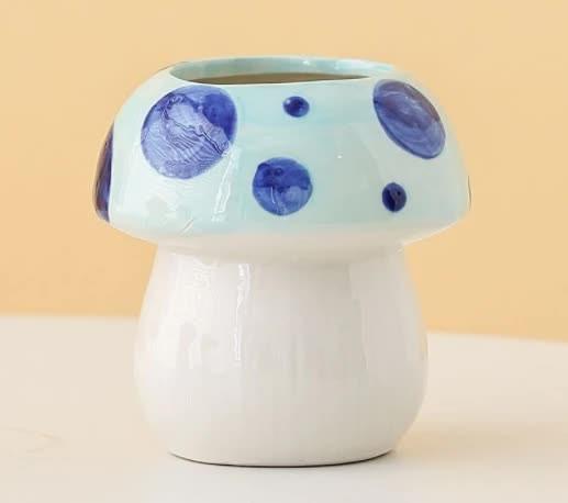 Blue Adorable Ceramic Mushroom Desk Organizer - Cute Pen & Makeup Brush Holder.