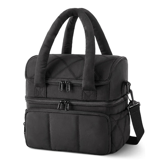 Black Chic Double Deck Insulated Lunch Bag - Leakproof Cooler Tote for Women.